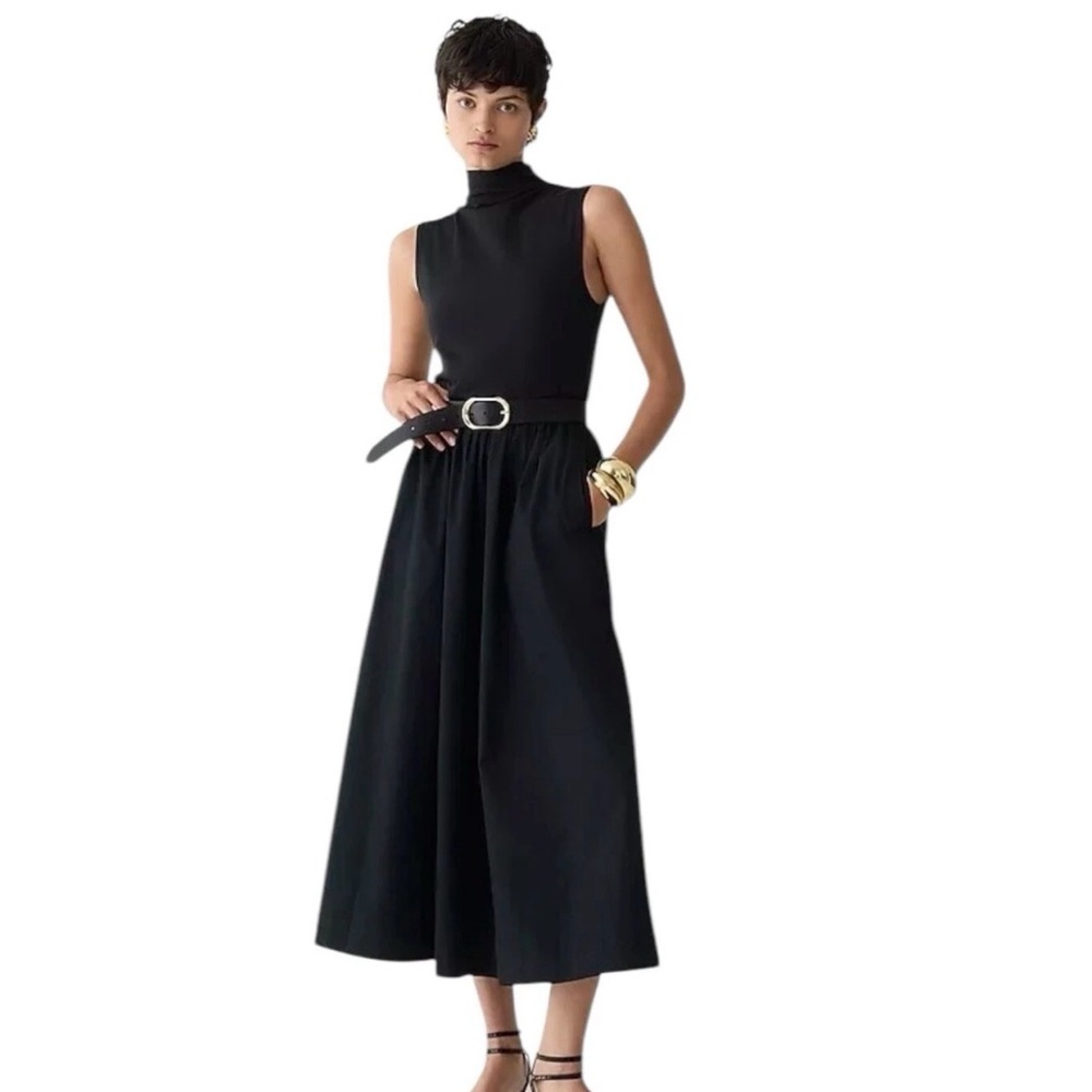 J Crew Black Fitted Mock Neck Cotton Poplin Skirt Dress Midi Womens Size M